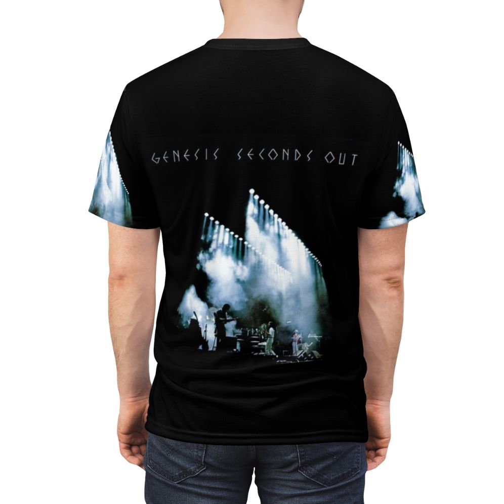 Vintage-style t-shirt design inspired by the Genesis album 'Seconds Out', featuring retro imagery and elements from the band's early progressive rock era. - men back