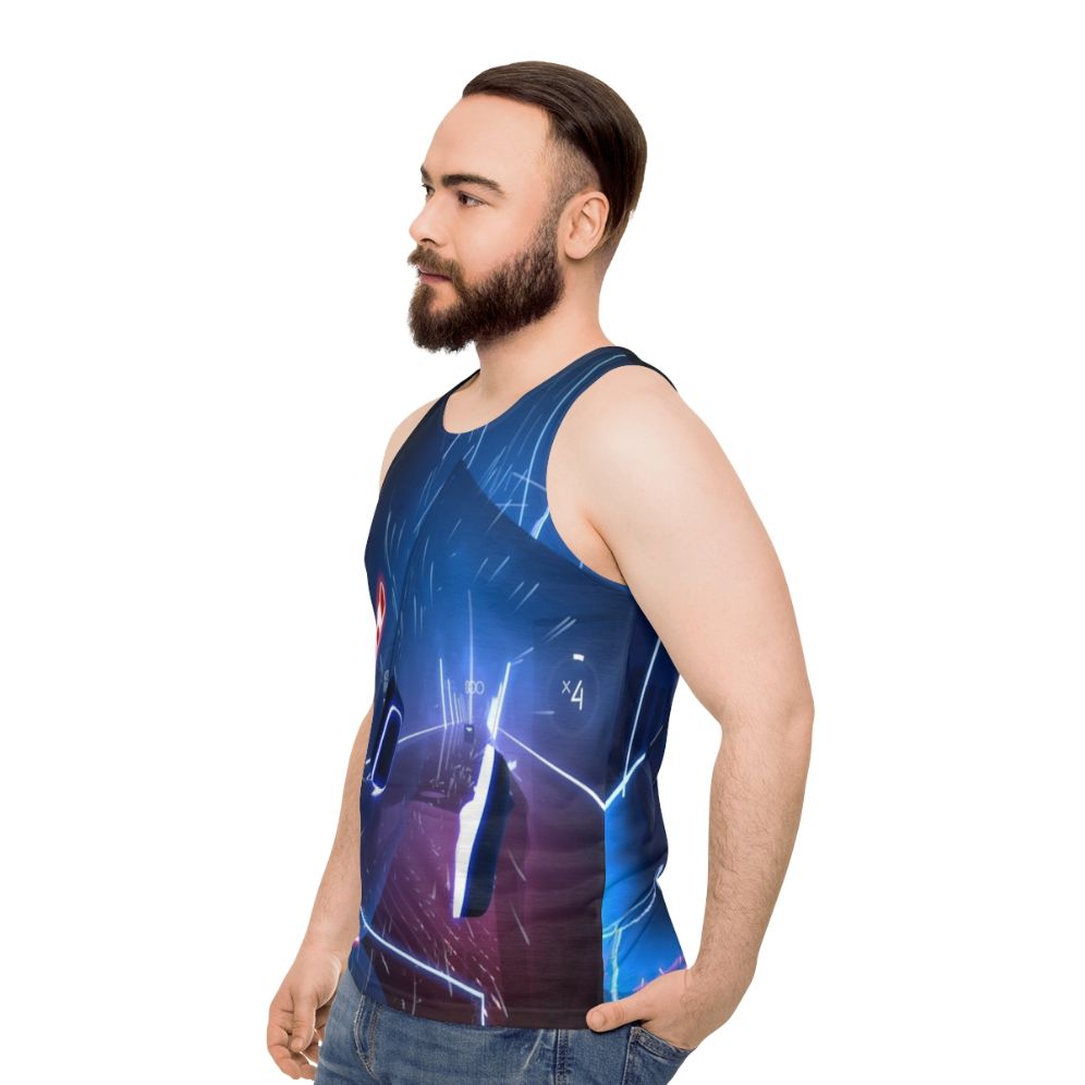 Unisex tank top featuring virtual reality, gaming, and futuristic space-themed design - men side