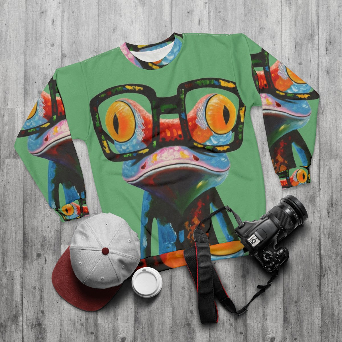 Hipster frog nerd glasses sweatshirt - flat lay