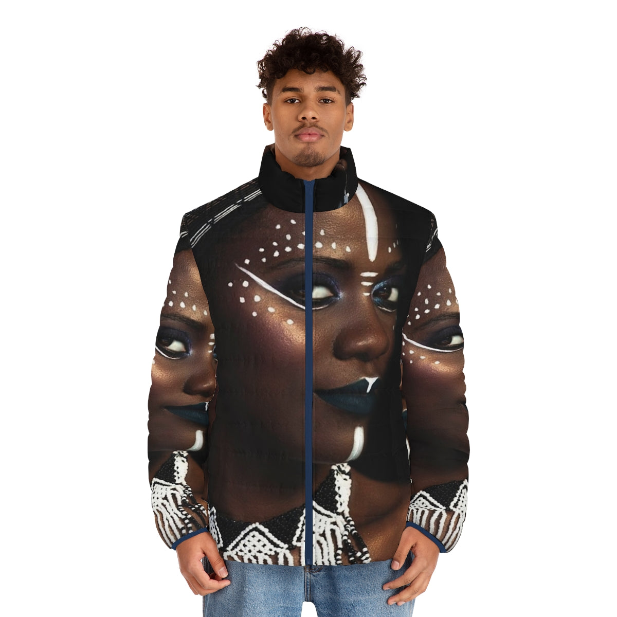 A stylish African-inspired puffer jacket with a regal, tribal design - men front