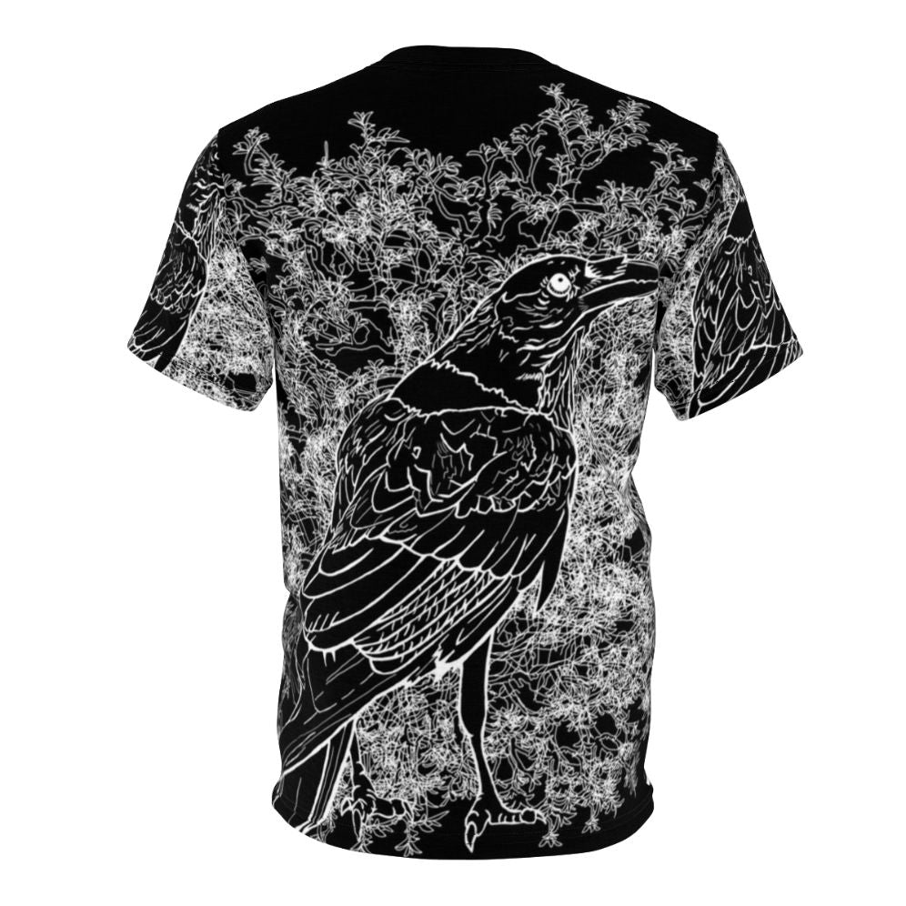 Stylish t-shirt featuring a bold raven graphic in a dark, gothic design. - Back