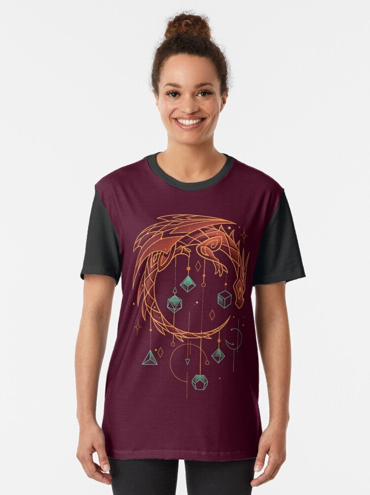 A minimalistic t-shirt design featuring a dragon-themed dice keeper, perfect for roleplaying gamers and fans of fantasy. - Women