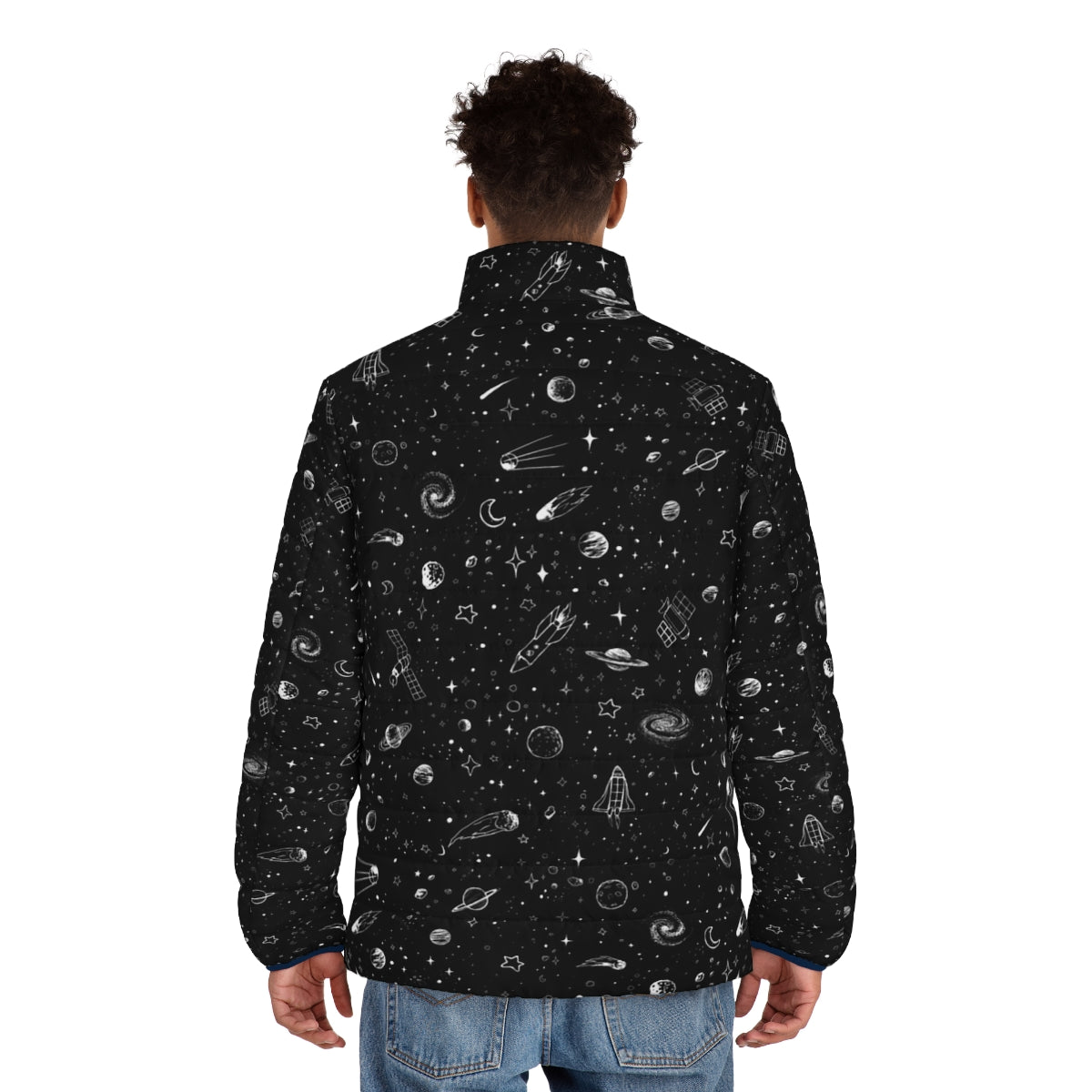 A stylish space puffer jacket featuring a galaxy print design - men back