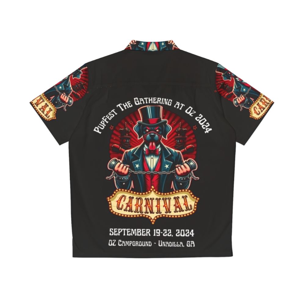 Dark carnival-themed Hawaiian shirt with pupfest graphics - Back