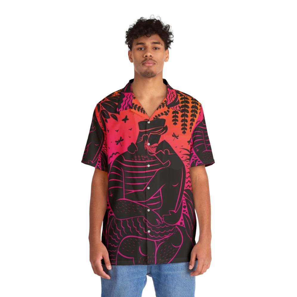 Colorful Hawaiian shirt with a sunset and ocean motif, perfect for gay daddies and their twinks - People Front