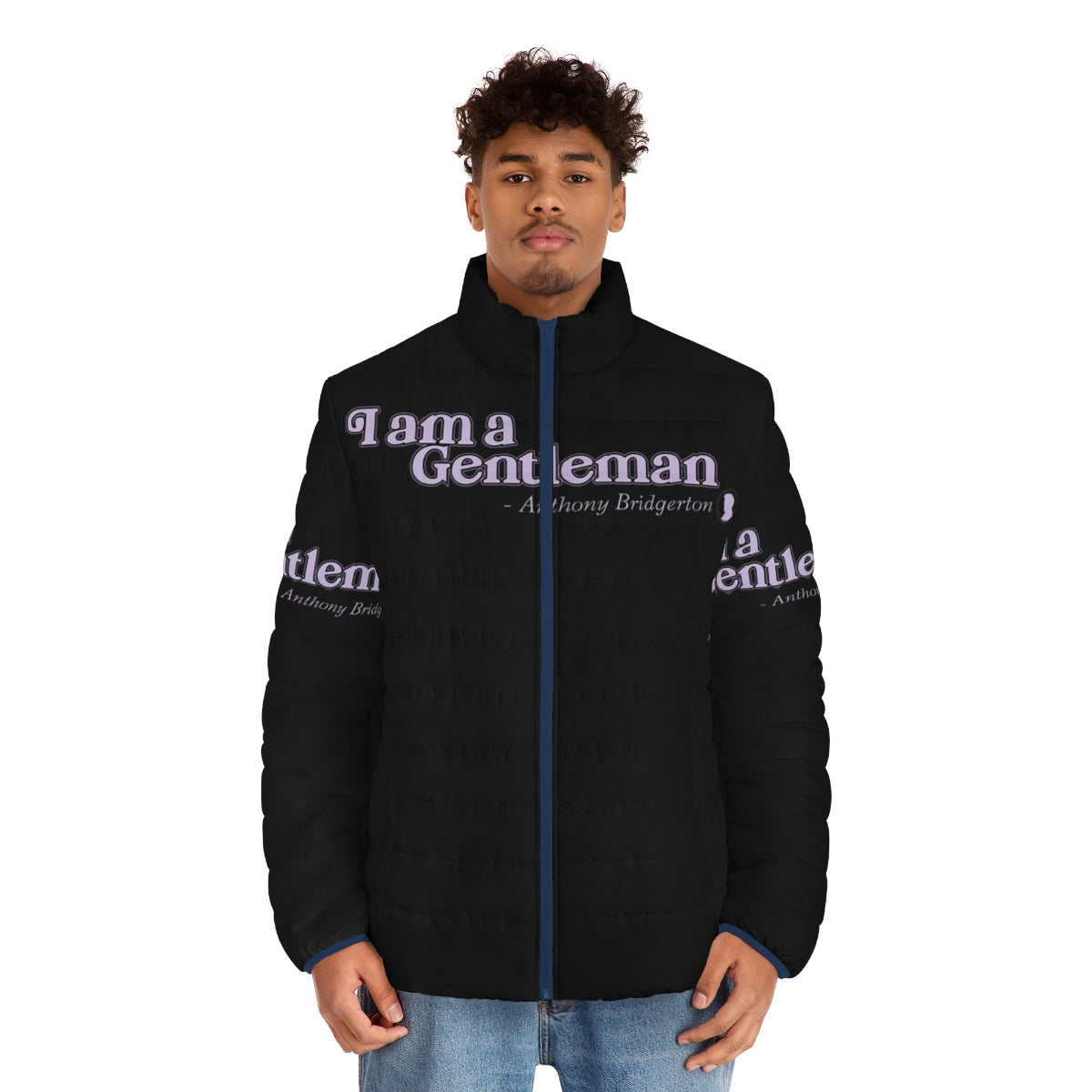 Bridgerton Netflix Puffer Jacket featuring "I Am a Gentleman" design - men front