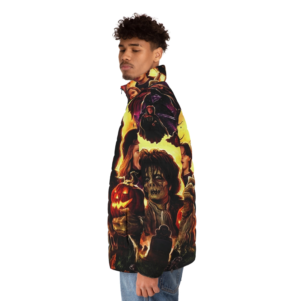 Hocus Pocus-themed puffer jacket with witches, black cats, and other Halloween elements - men side left