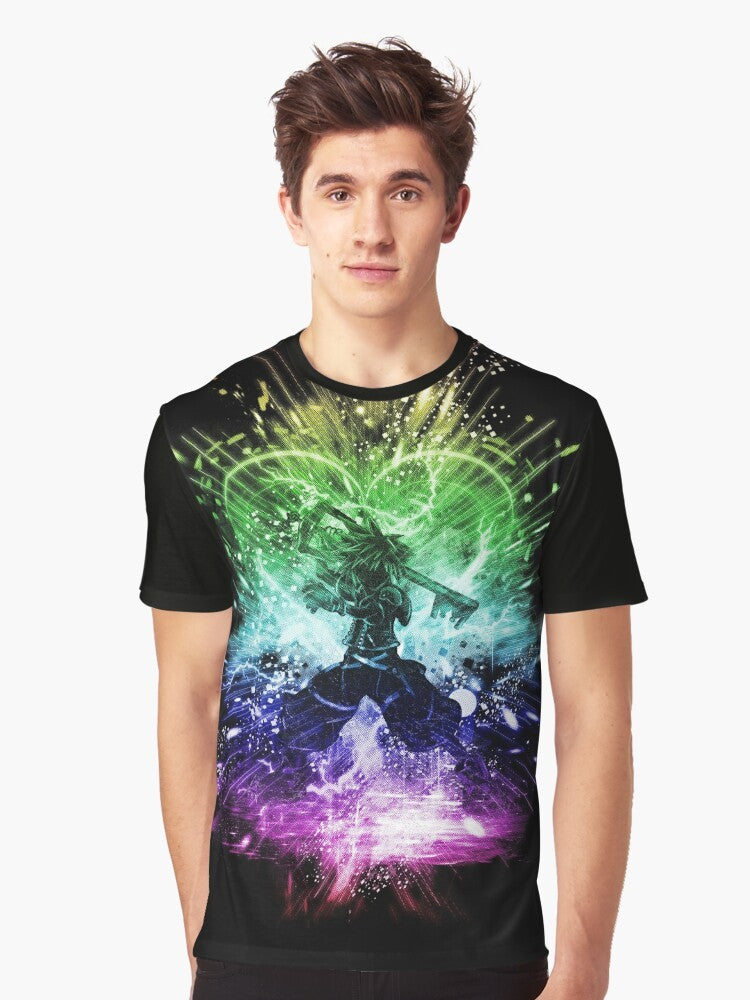 Kingdom Hearts Sora Keyblade Graphic T-Shirt with a colorful rainbow-inspired design - Men