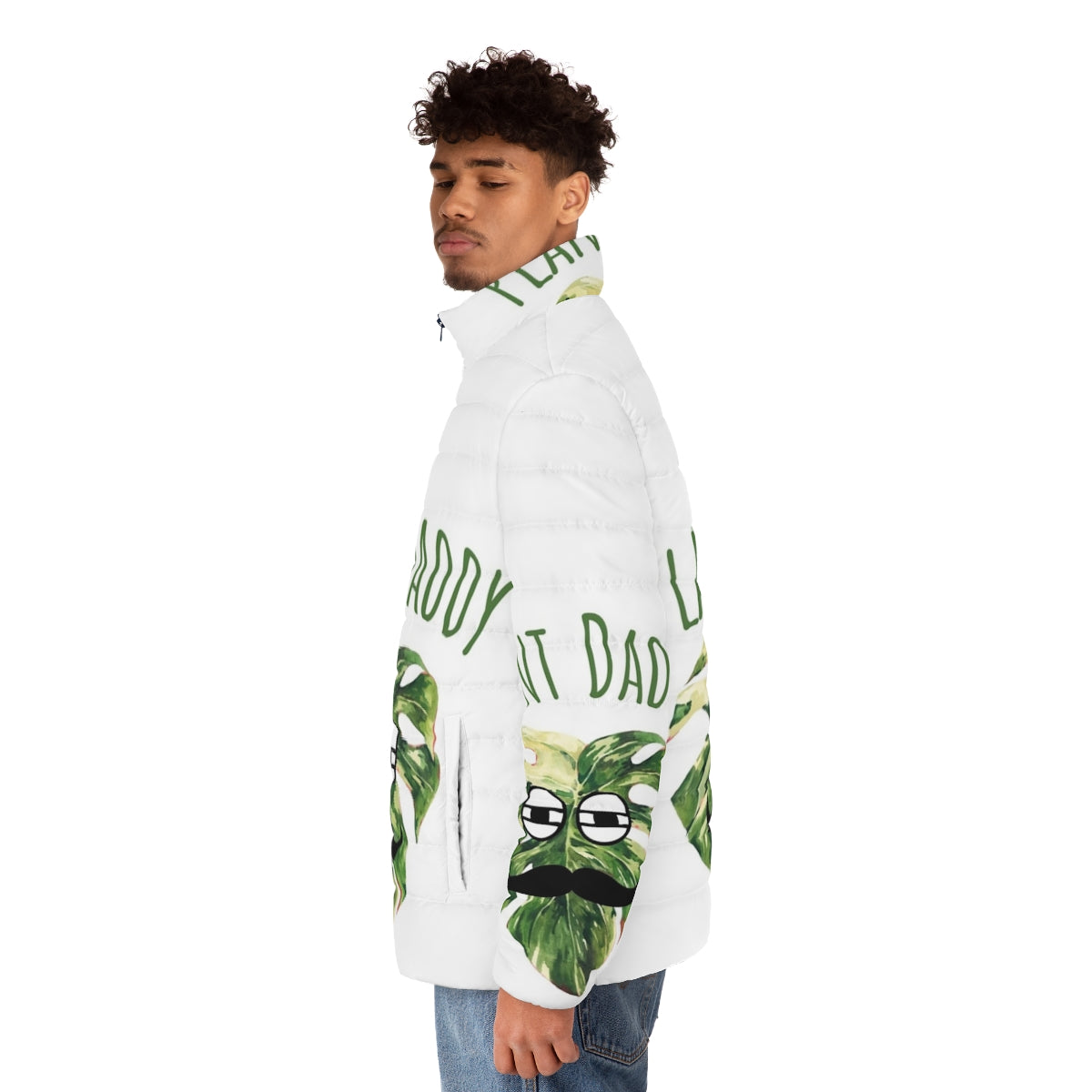 A cozy puffer jacket with a plant-themed design, perfect for the ultimate plant lover - men side left