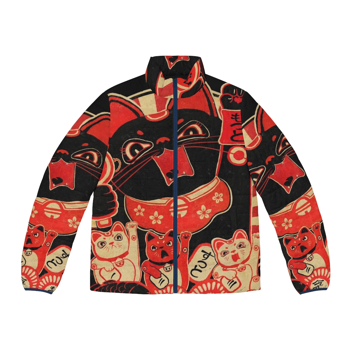 Vintage Japanese Lucky Cat Revolution Puffer Jacket with Adorable Kawaii Retro Rebellion Anime Inspired Design