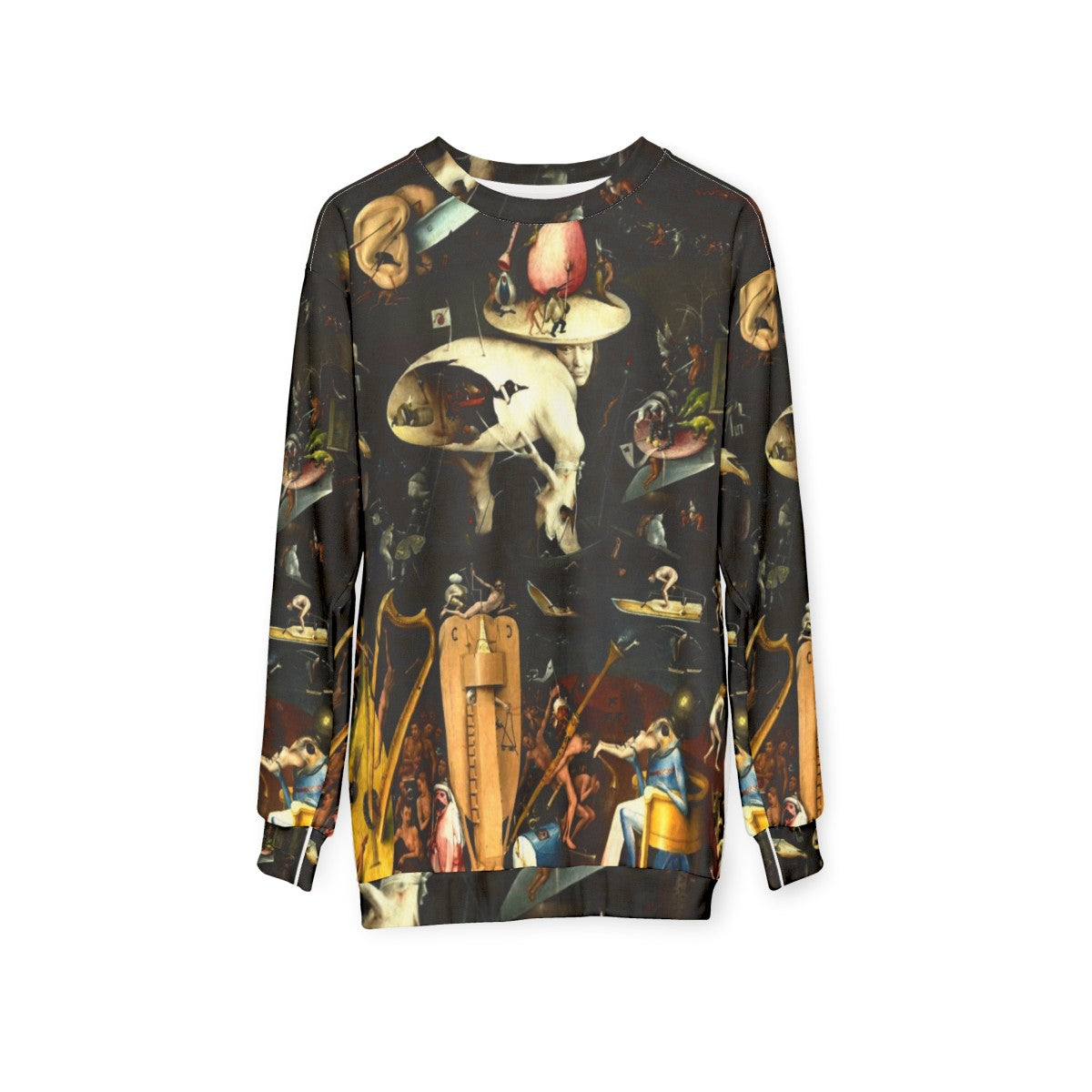 Hieronymus Bosch inspired "Hell" sweatshirt featuring surreal and dark fantasy elements - hanging