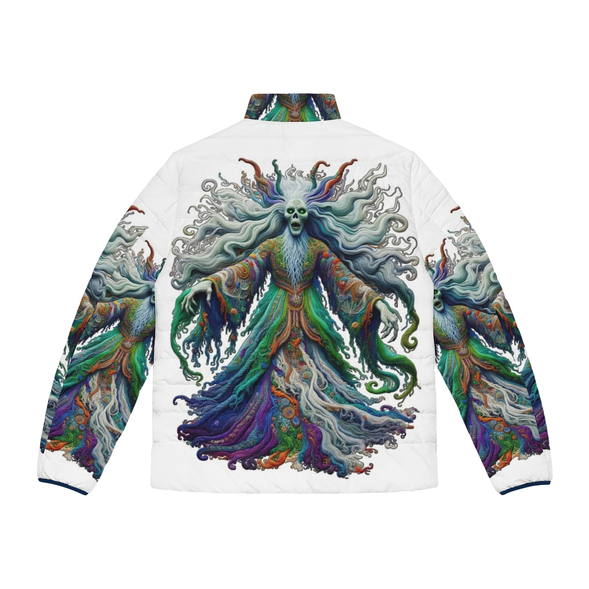 Colorfull puffer jacket with embroidered mythical banshee design - Back