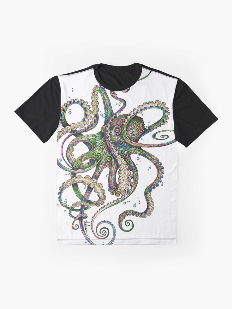 Colorful psychedelic octopus graphic on a t-shirt - Flat lay