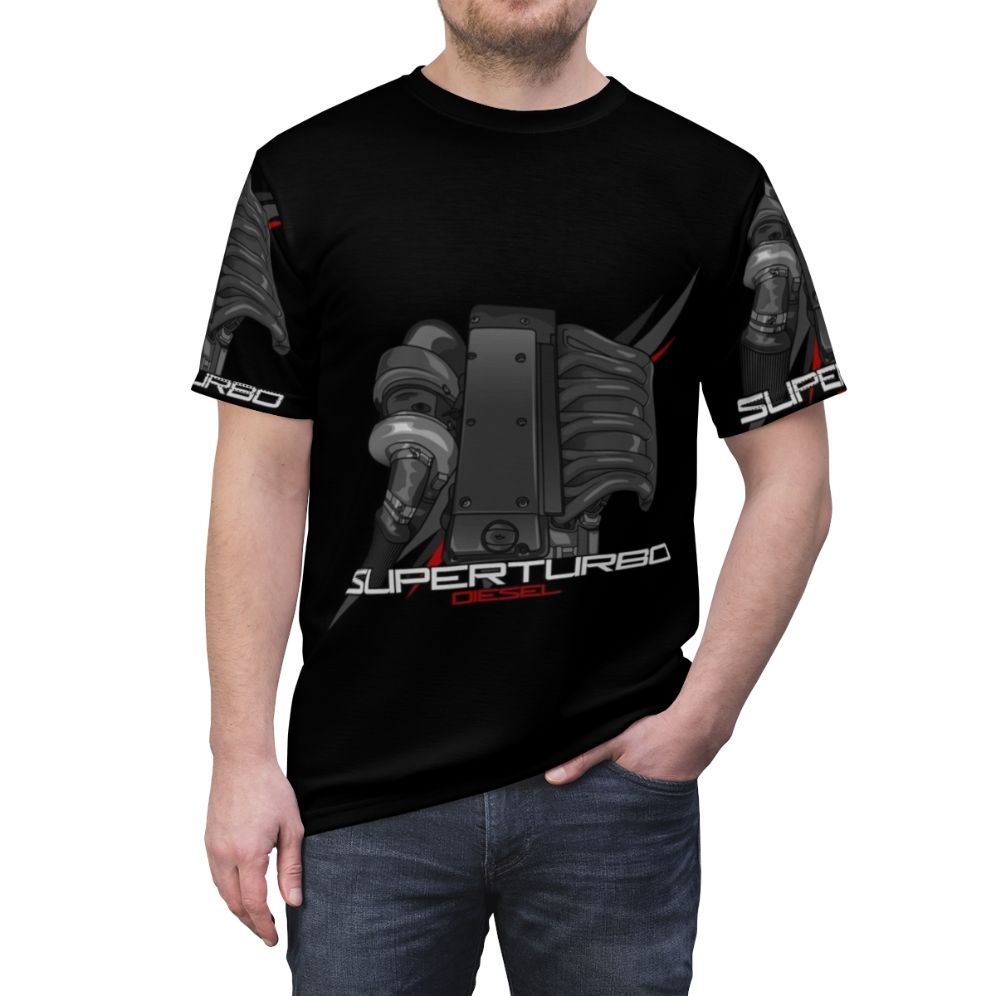 Graphic T-Shirt featuring a vintage Mercedes-Benz diesel turbo engine design - men front