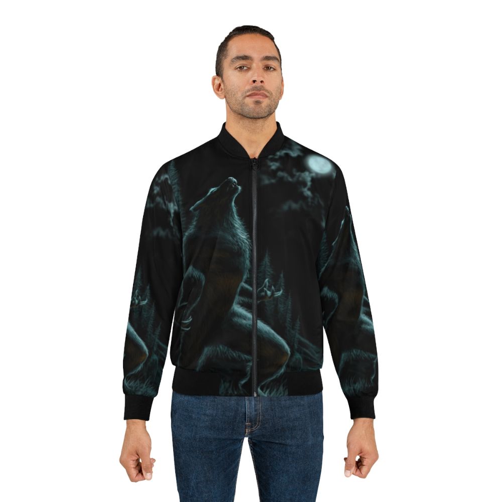 Werewolf-themed bomber jacket with howling wolf design under a full moon - Lifestyle