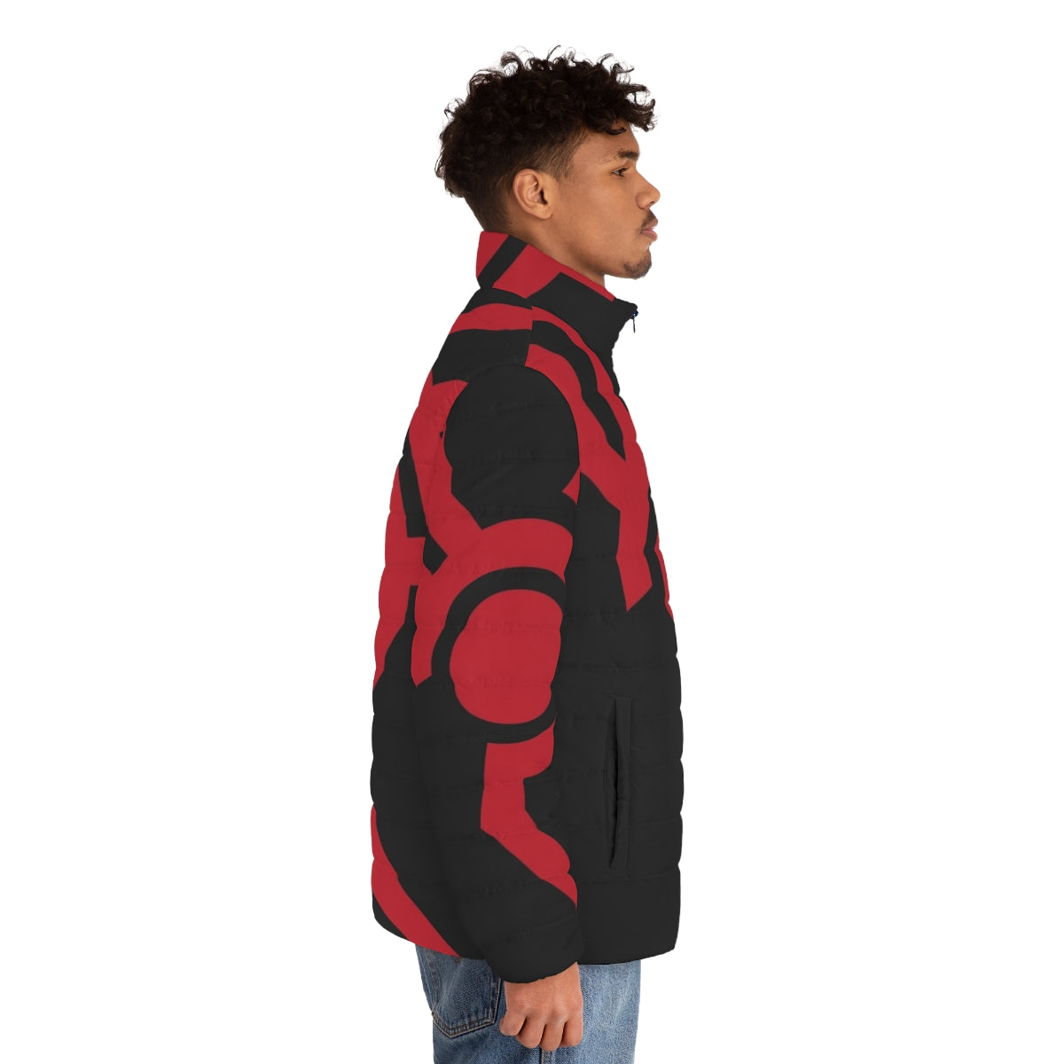 Techno Circuit Puffer Jacket with Red and Black Dragon Design - men side right