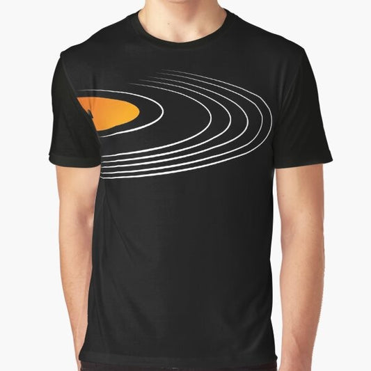 Retro vinyl music graphic t-shirt featuring a musical design