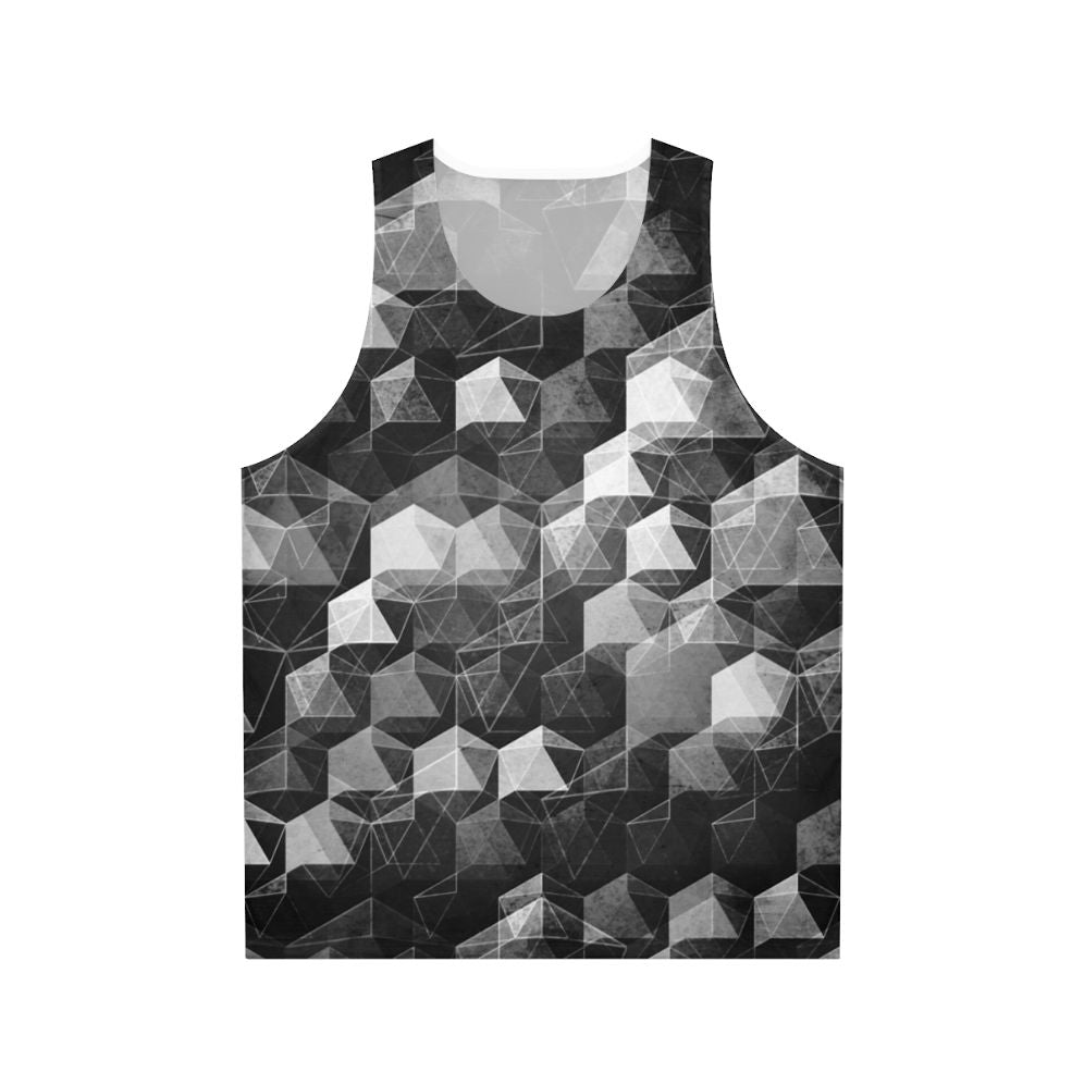 Monochrome geometric unisex tank top with abstract curtain falls design