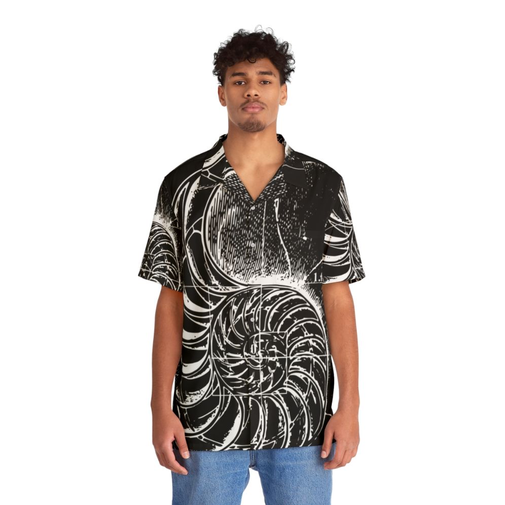 Fibonacci nautilus shell pattern on a black and white Hawaiian shirt - People Front