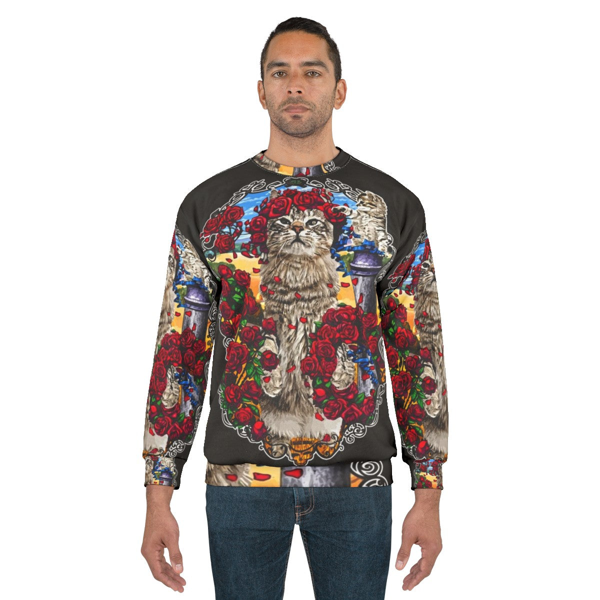 Grateful cats and psychedelic roses design on a sweatshirt - men