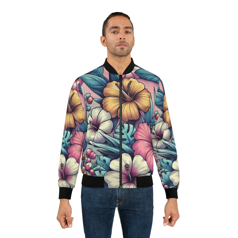 Retro bomber jacket with a vibrant Hawaiian floral hibiscus pattern design - Lifestyle