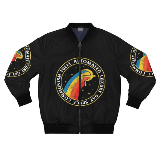 Fully Automated Luxury Gay Space Communism Bomber Jacket featuring communist and socialist imagery, puns, and humor