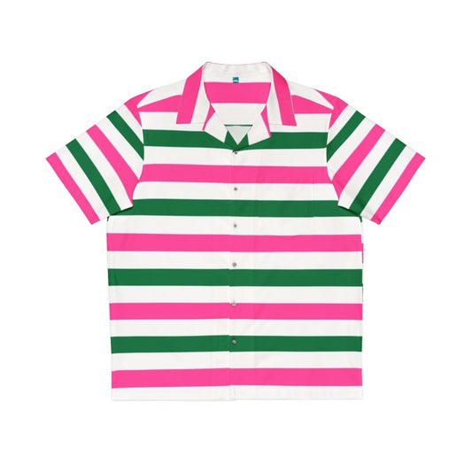 Retro deckchair stripes Hawaiian shirt in forest green and pink