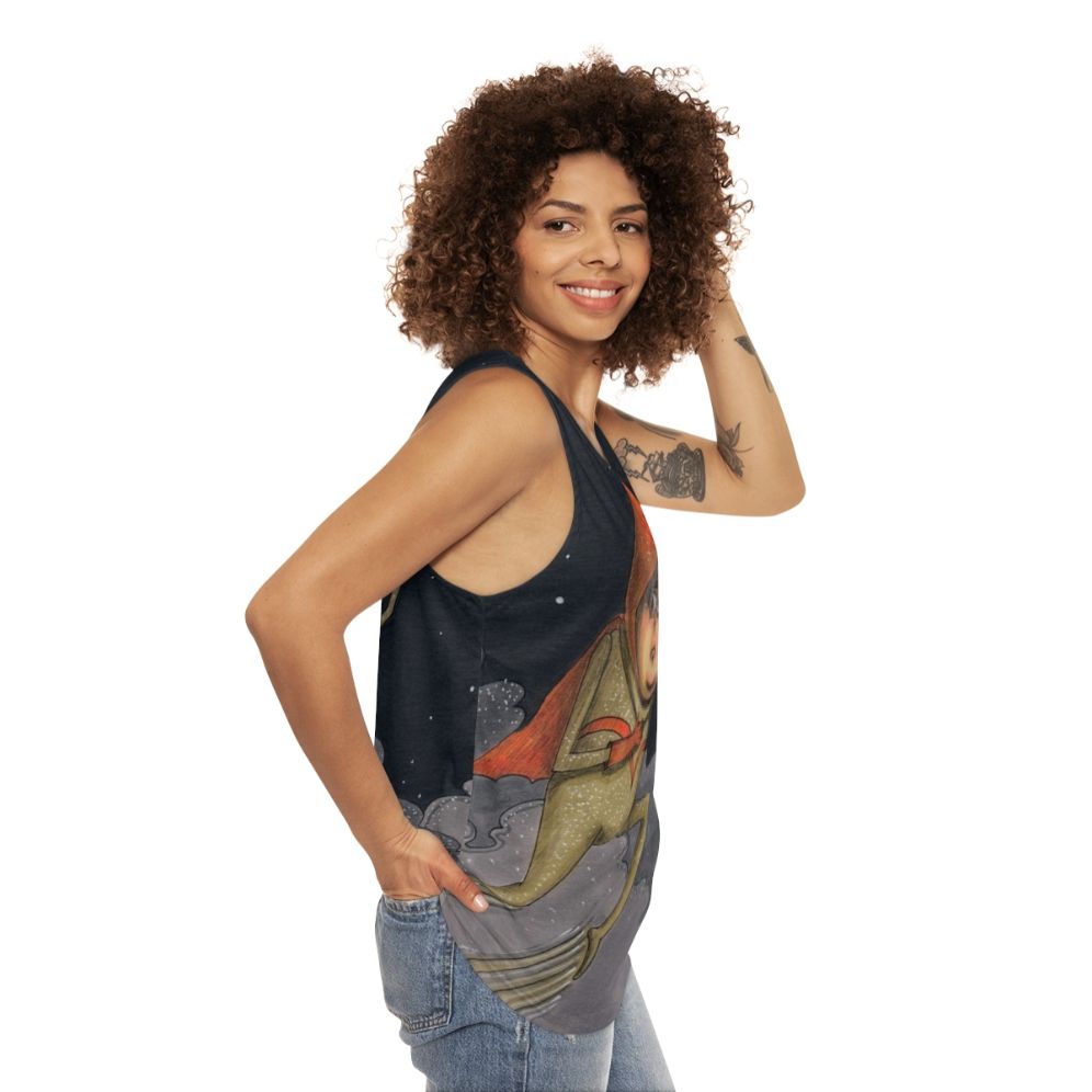 Captain Enthusiasm unisex tank top with a hand-drawn superhero design - women side