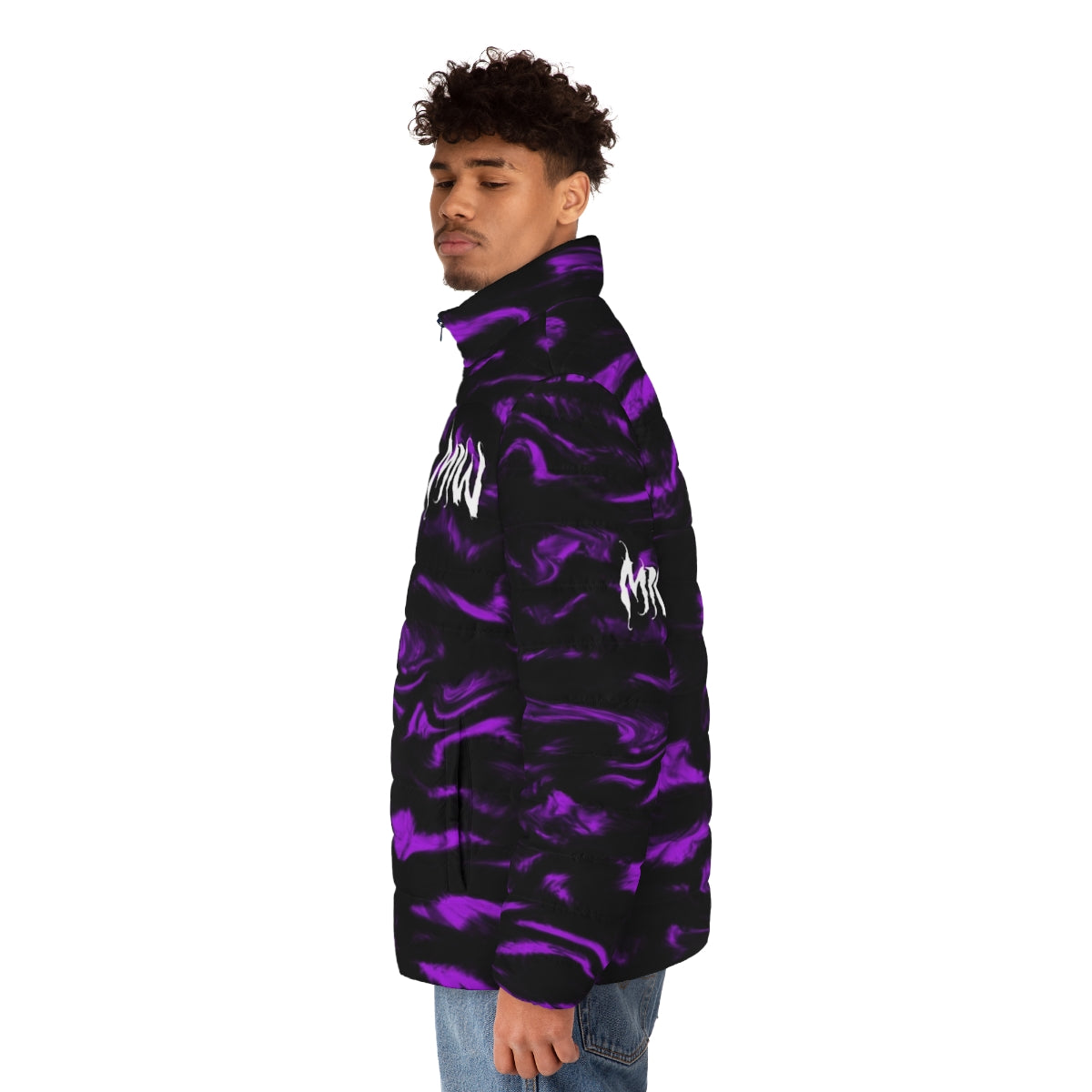 Motionless In White Puffer Jacket featuring the band's logo and purple/black color scheme - men side left