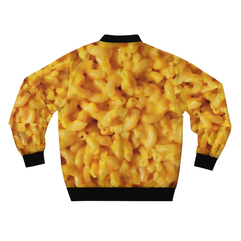 A bomber jacket featuring a graphic design of macaroni and cheese, perfect for food lovers. - Back