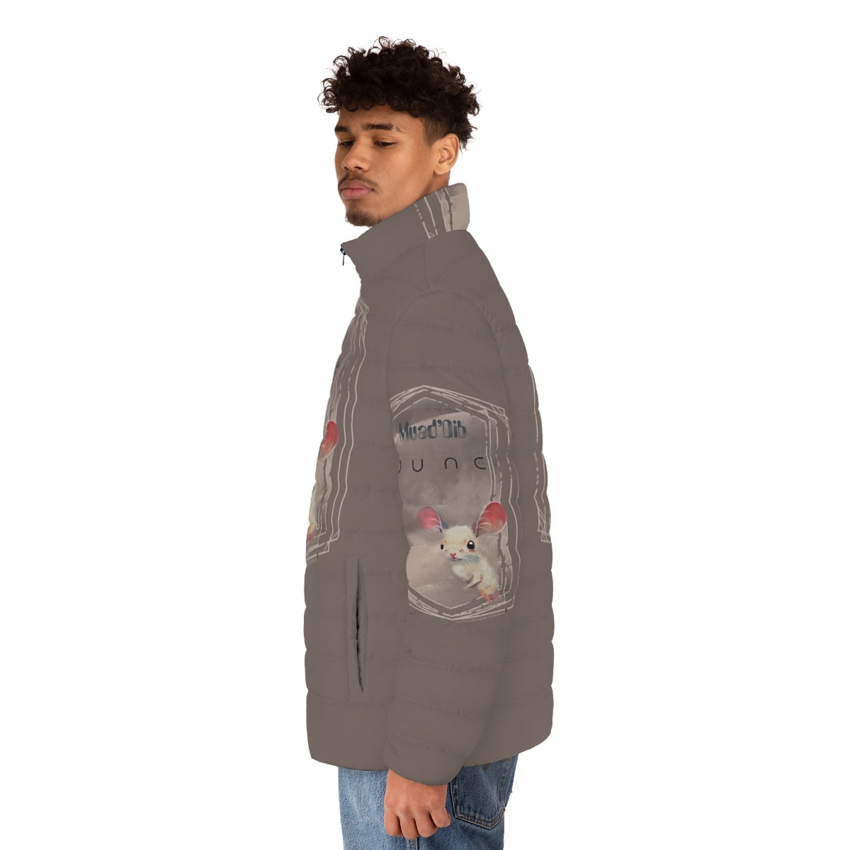 Dune sand mouse puffer jacket in medium beige gray on desert planet background - men side left