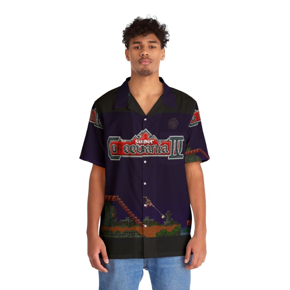 Retro Castlevania-inspired Hawaiian shirt with coffee and pixel art design - People Front