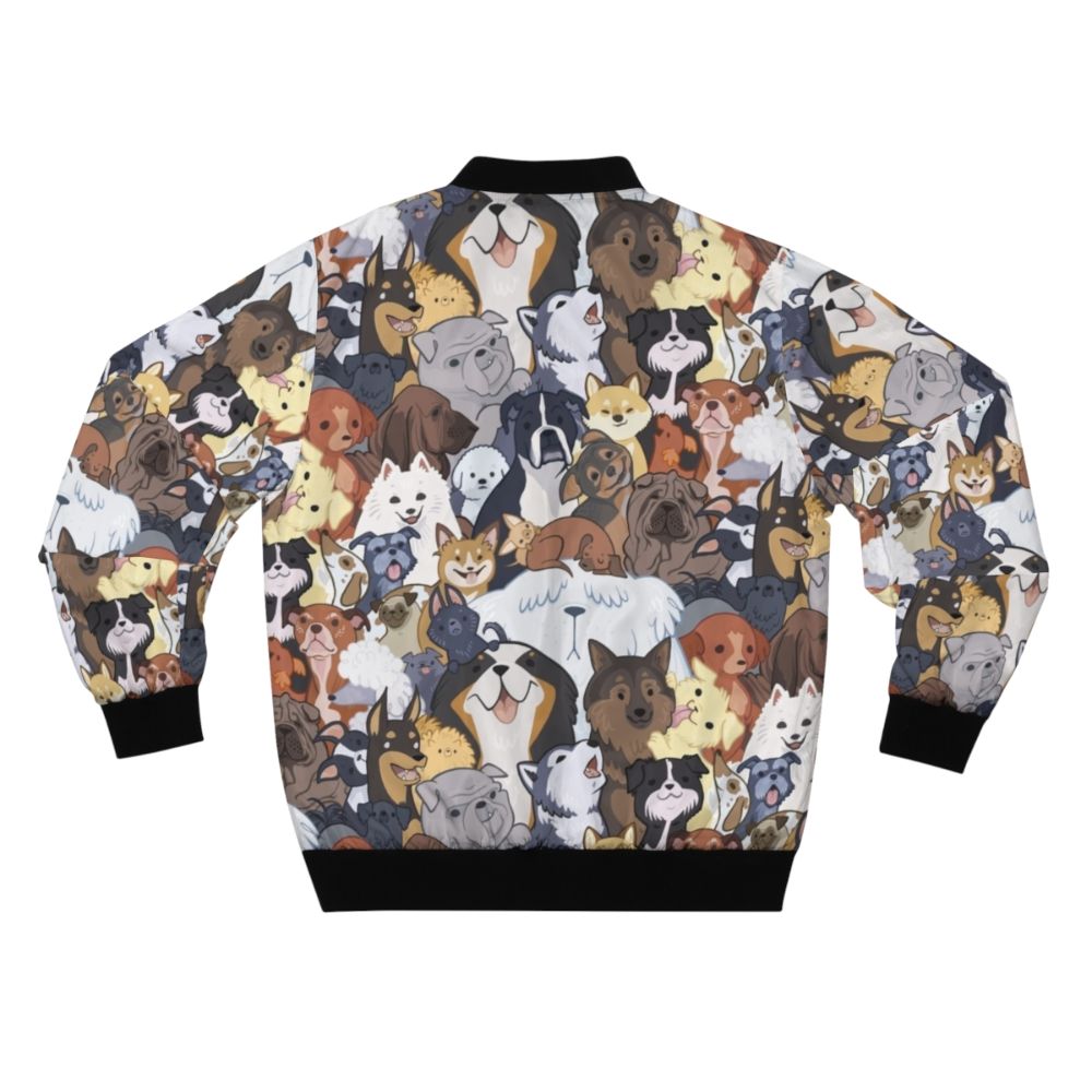 A bomber jacket featuring a vibrant, cartoon-style pattern of various dog breeds, including golden retrievers, pugs, and corgis, against a colorful background. - Back