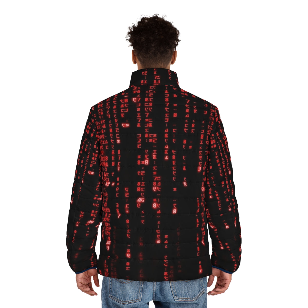 The Red Matrix Code Puffer Jacket with binary code and futuristic graphic design - men back