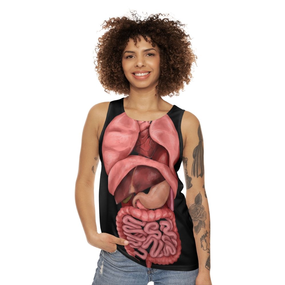 Unisex tank top featuring a watercolor illustration of the human internal organs - women