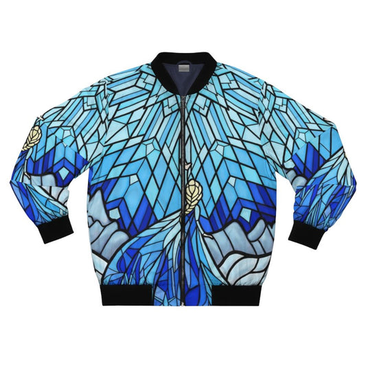 A bomber jacket featuring a fractal design inspired by the movie Frozen, with a stained glass window effect in shades of blue and white.