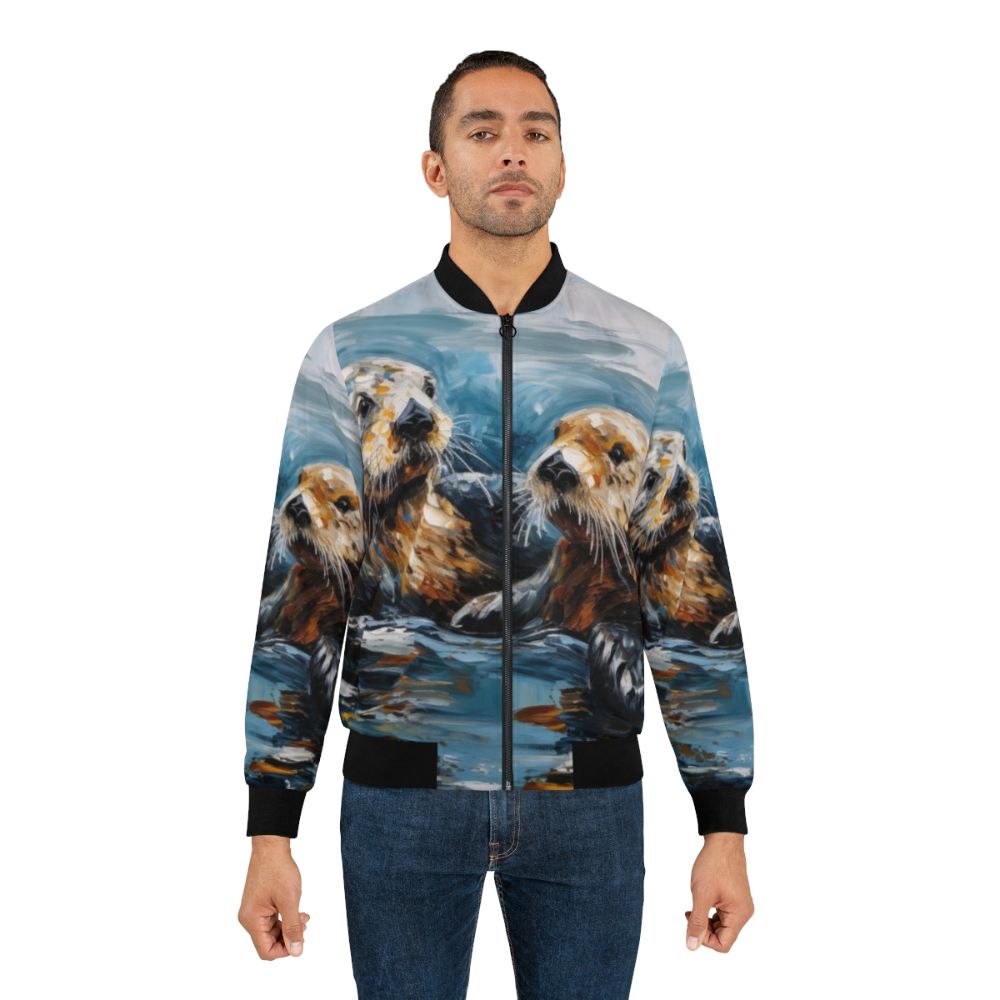 Finger painting design of cute sea otters on a bomber jacket - Lifestyle