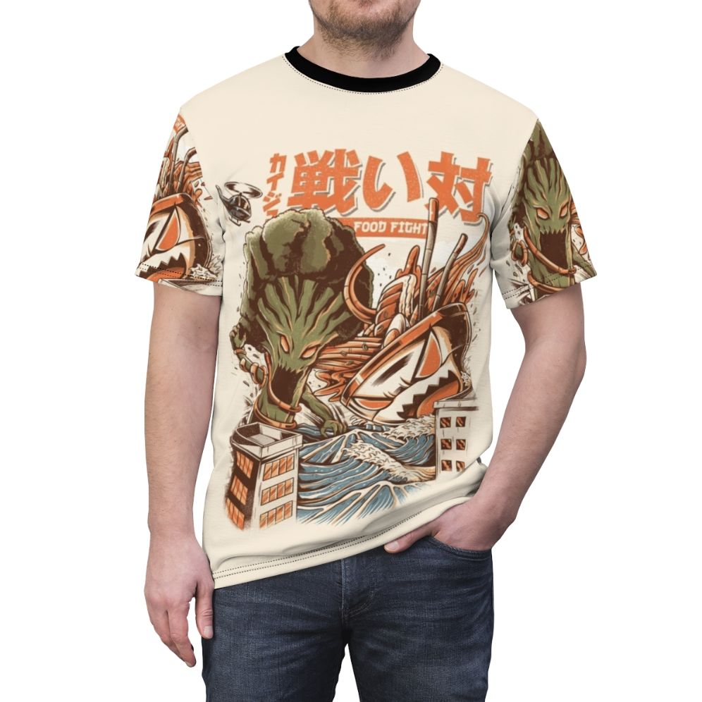 Illustration of ramen noodle monster and broccoli monster in a battle, with Japanese-inspired design elements - men front