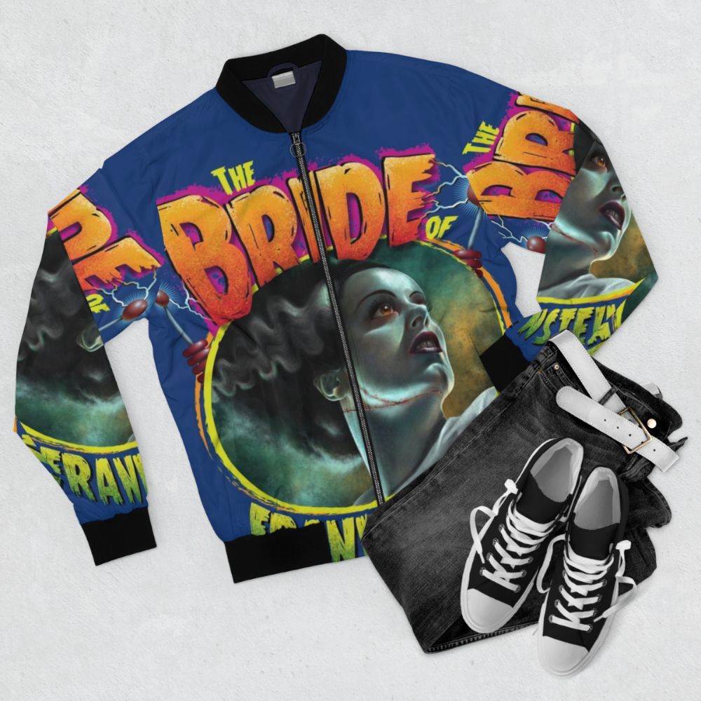 The Bride of Frankenstein classic horror-themed bomber jacket featuring Elsa Lanchester and Boris Karloff. - Flat lay