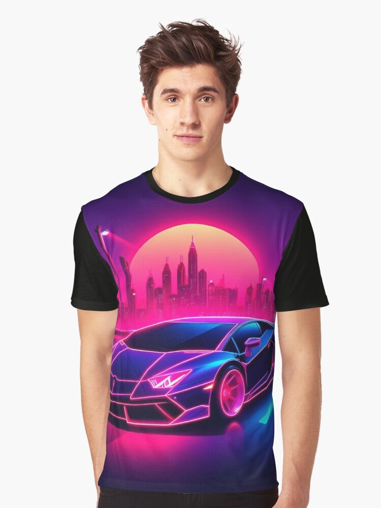 A synthwave-inspired graphic t-shirt featuring a neon-lit retro-style car against a sunset background. - Men