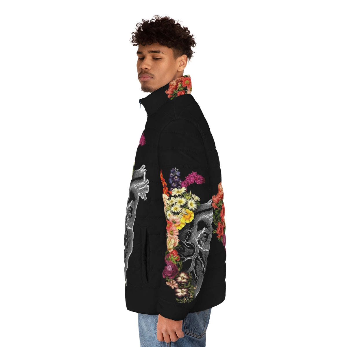 Flower Heart Puffer Jacket featuring a vintage-inspired floral and botanical anatomical heart design - men side left