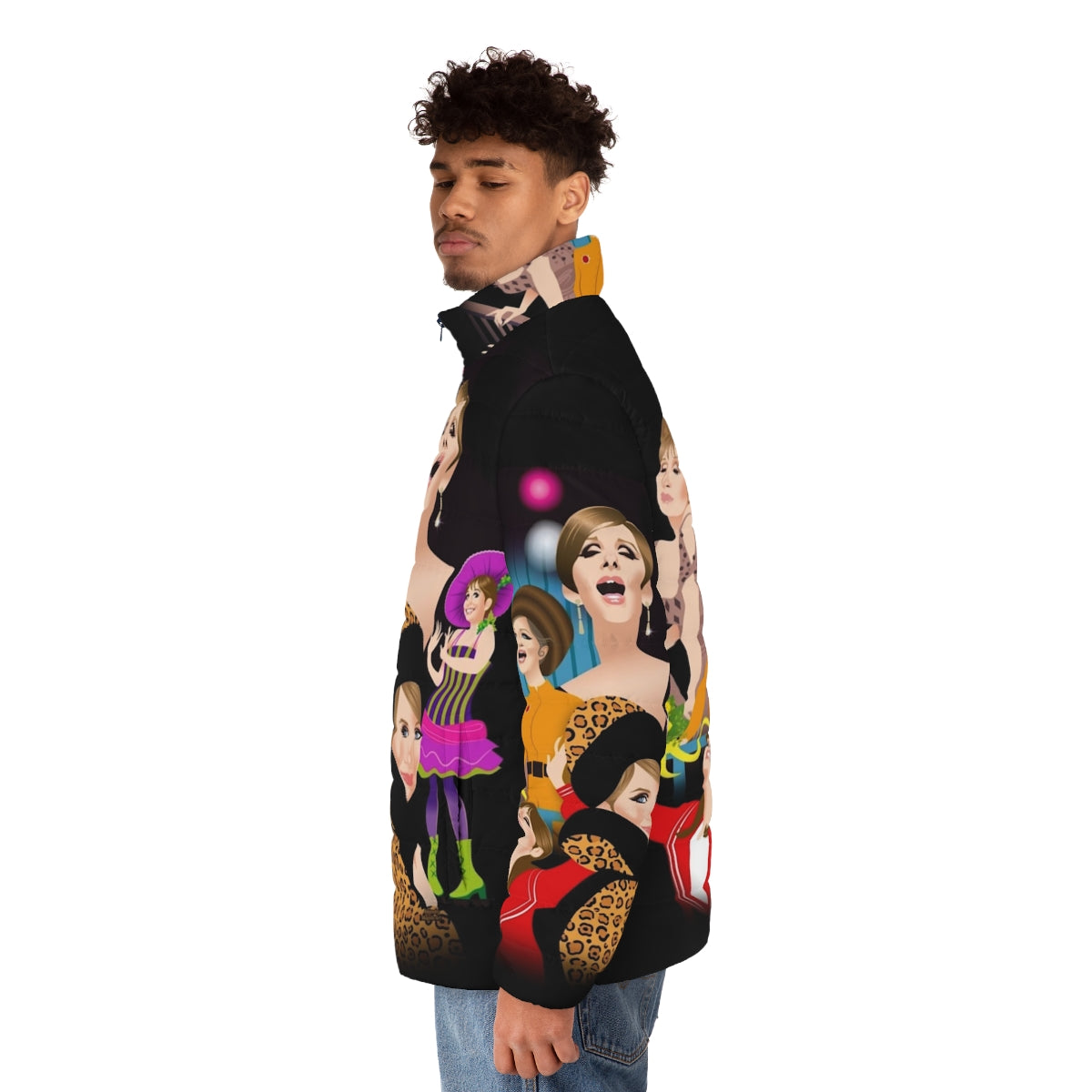 Funny puffer jacket with Alejandro Mogollo art designs - men side left