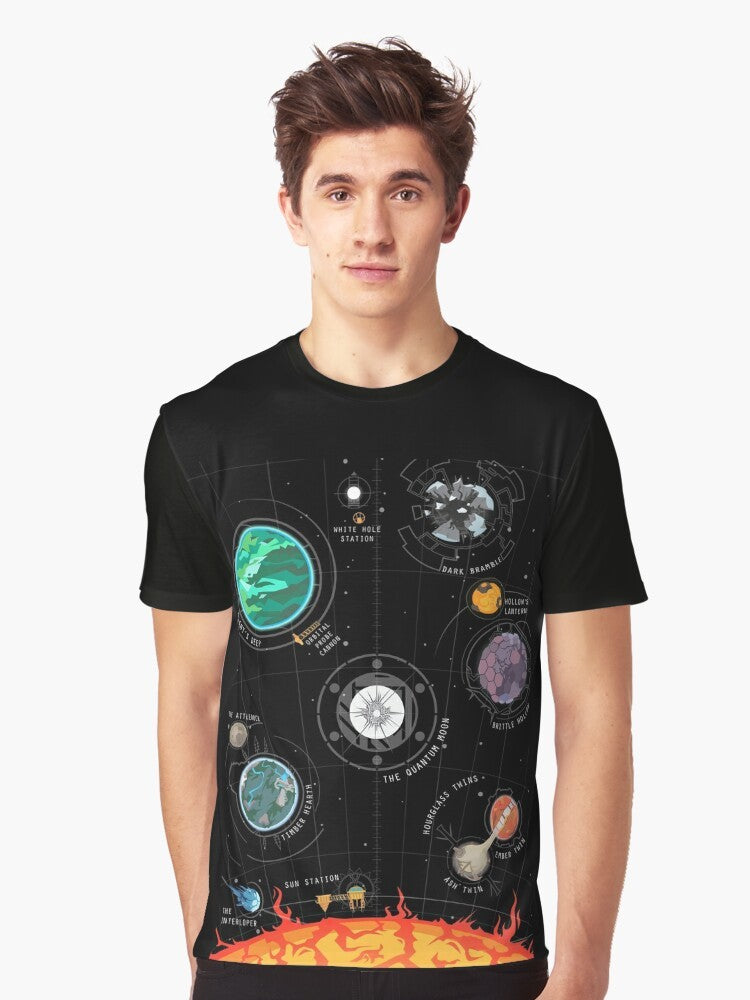 Outer Wilds space system graphic t-shirt featuring planets, moons, and celestial bodies from the Outer Wilds video game universe - Men