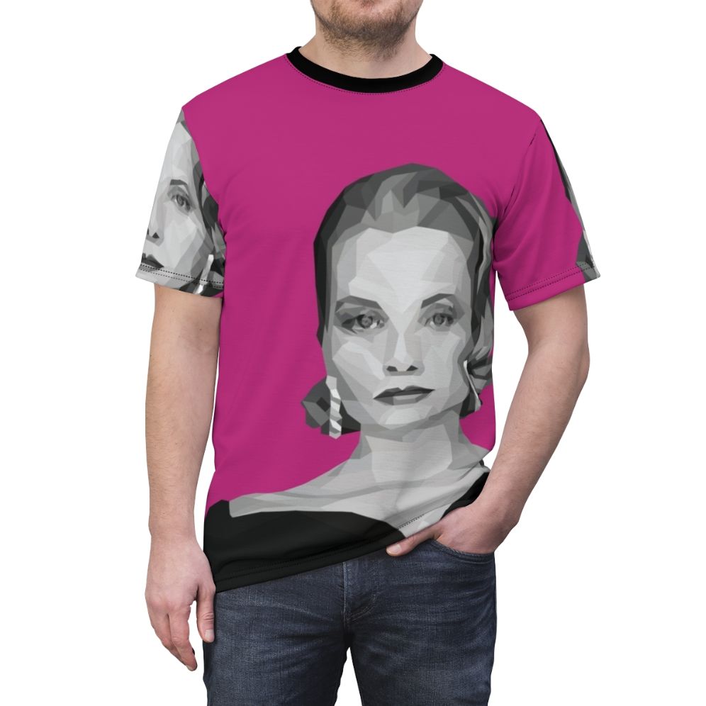 Geometric art pink poly t-shirt design inspired by the elegance and style of classic movie icon Grace Kelly - men front