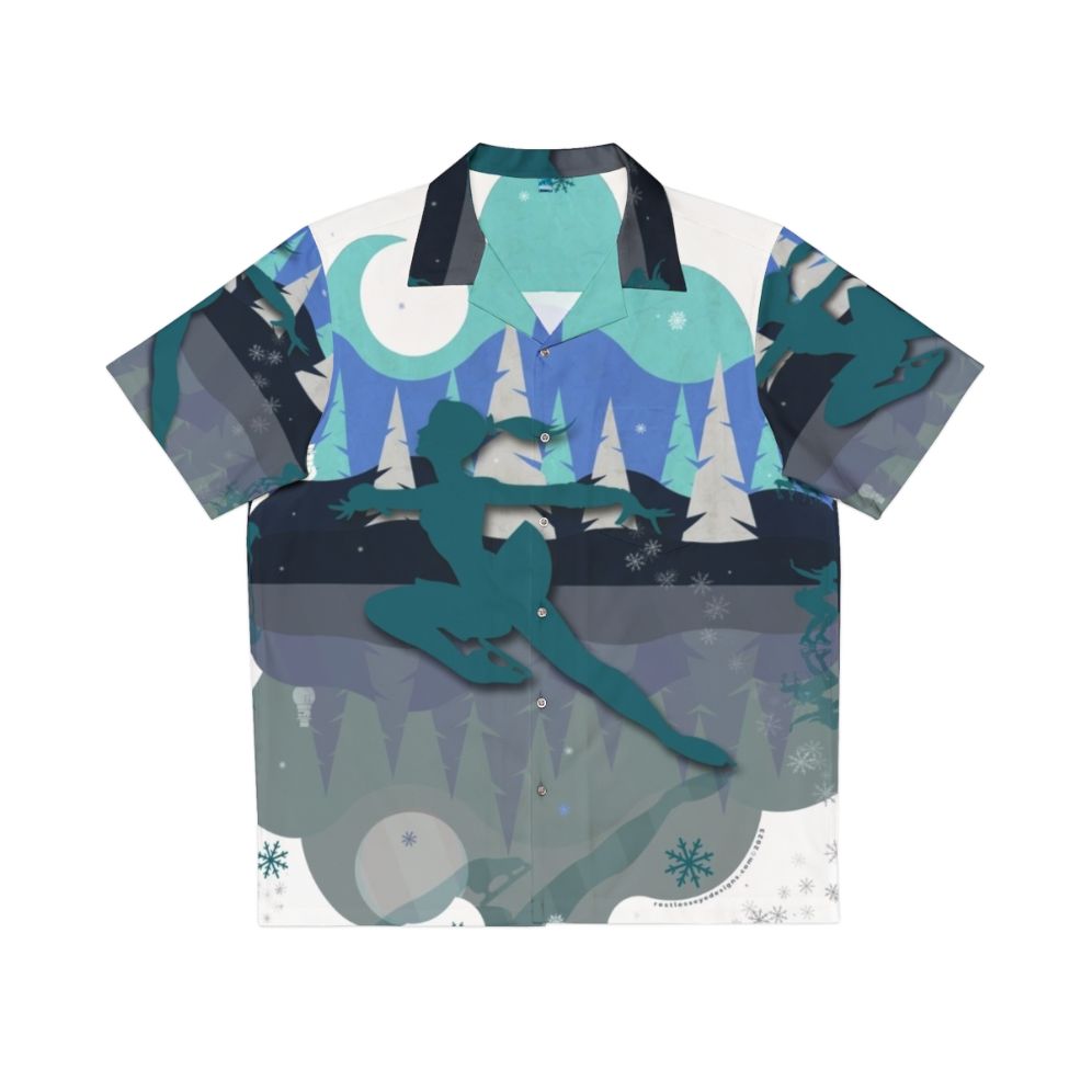 Ice Skater Wearing a Festive Hawaiian Shirt with Holiday Graphics