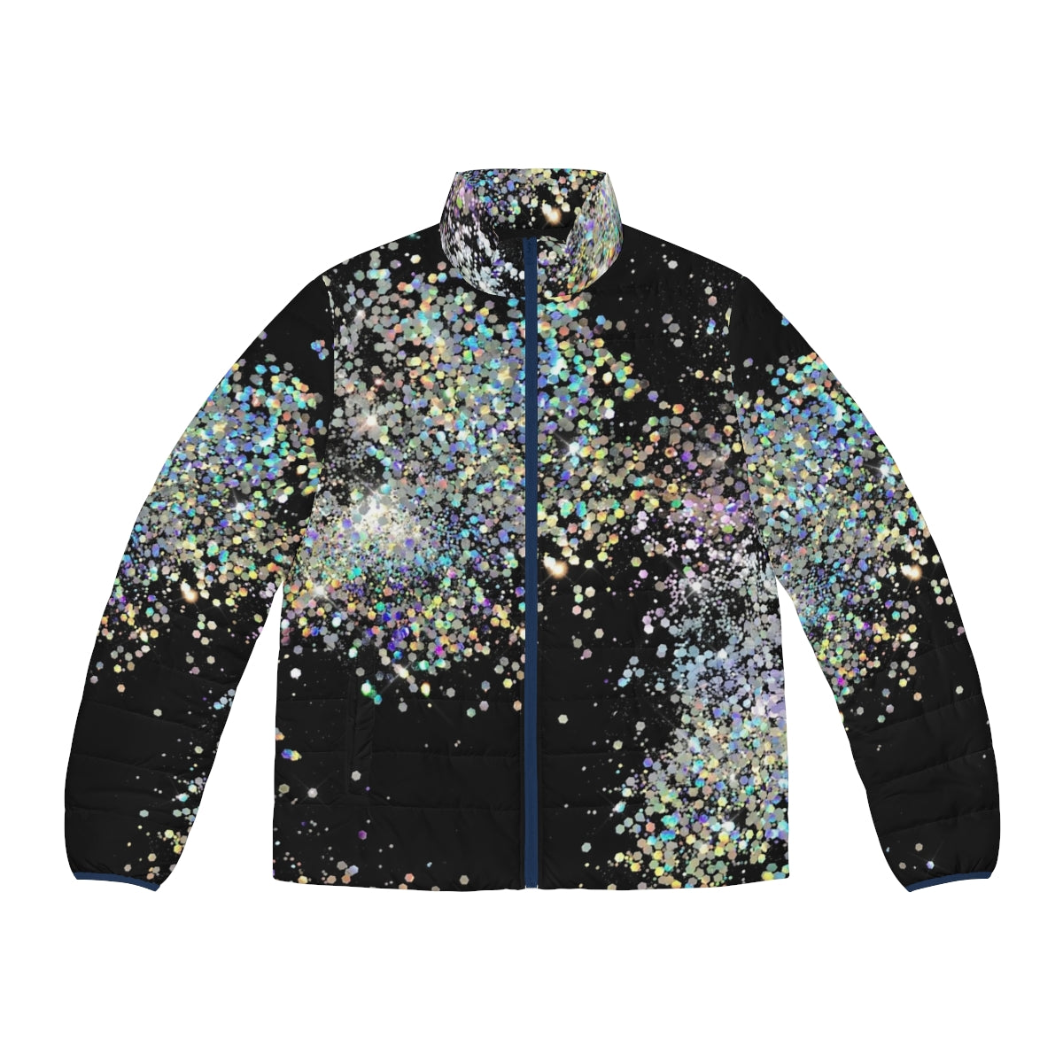 Black and multicolor sequin faux puffer jacket with glitter, ombre, and abstract patterns