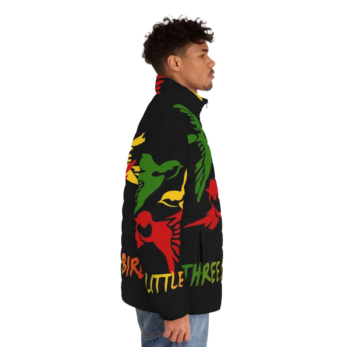 Three Little Birds Reggae Puffer Jacket with focus on reggae, rasta, and Jamaican style - men side right