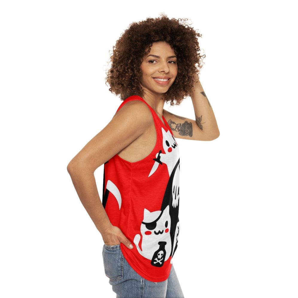 Unisex tank top with a graphic design featuring cats, skulls, and the Grim Reaper - women side