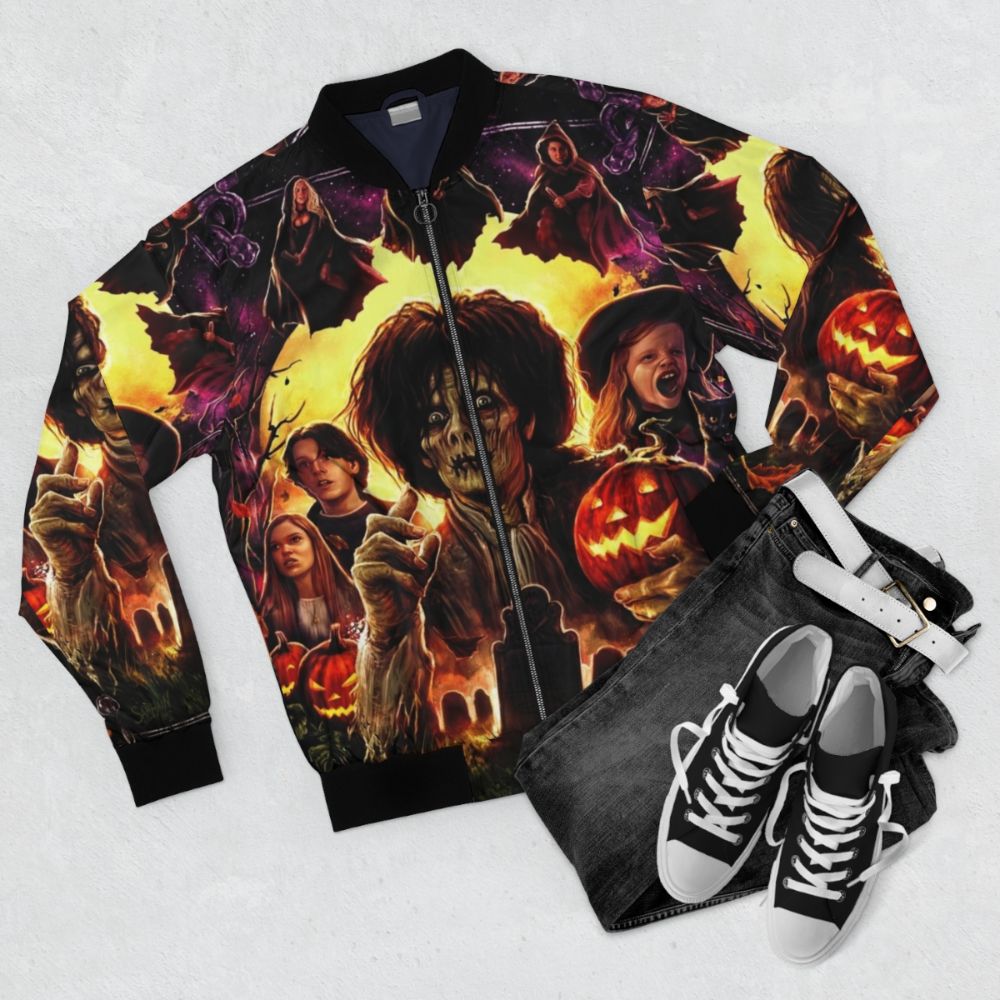 Vintage-inspired bomber jacket with Hocus Pocus-themed graphics and text - Flat lay