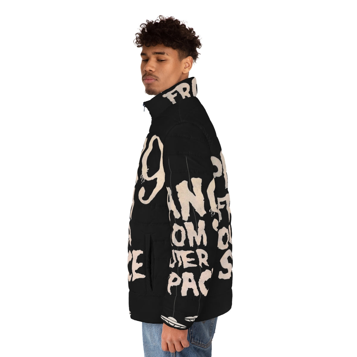 Vintage-inspired Plan 9 From Outer Space puffer jacket with sci-fi cult movie graphics - men side left